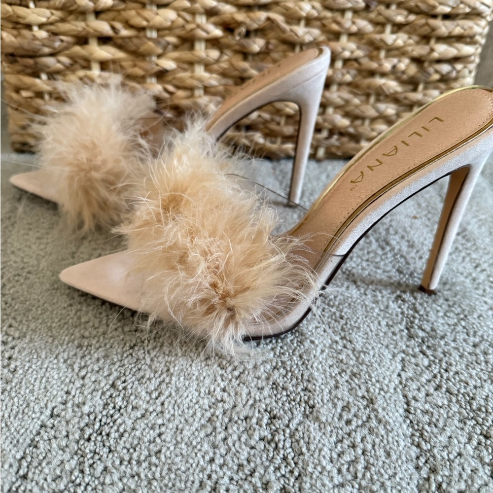 Liliana Beige Feathered Heels